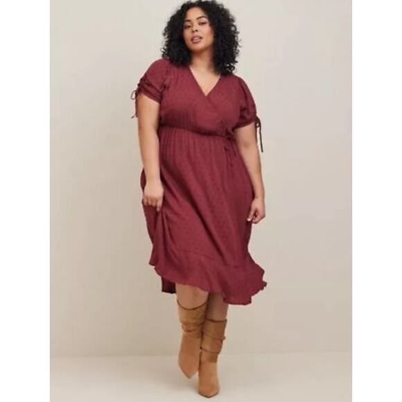 Torrid Midi Swiss Dot Surplice Dress in New Maroon - Picture 1 of 11